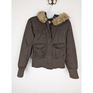 Vintage Old Navy Jacket Womens Medium Faux Fur Hood Y2K Brown Bomber Puffer